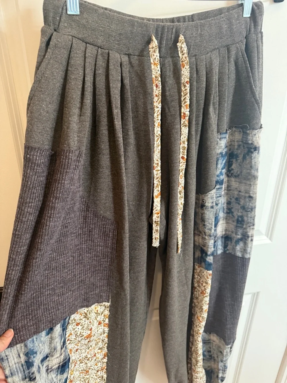 POL Gray Jogger Pants with Blue Patchwork and Floral Drawstrings - Picture 3 of 17